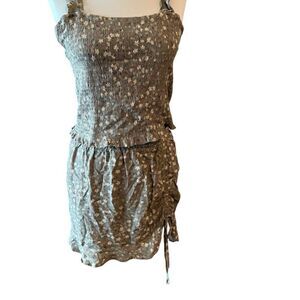 Women’s 2-Piece Smocked Top & Skirt Set Small Green Floral Ruffle Hem